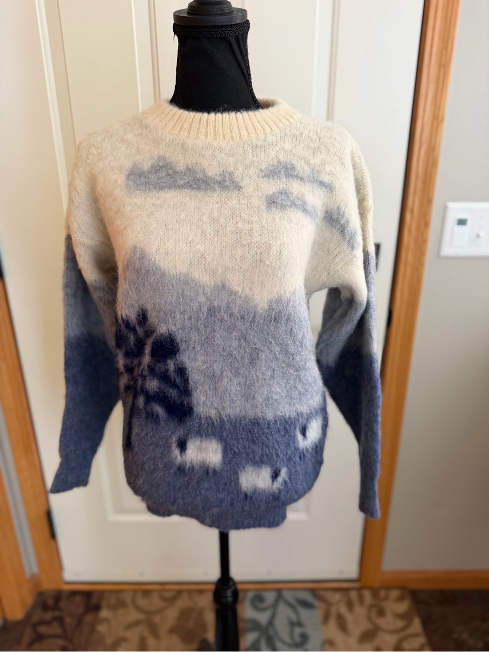 Vintage James Pringle blue made in Scotland wool landscape sheep crew sweater